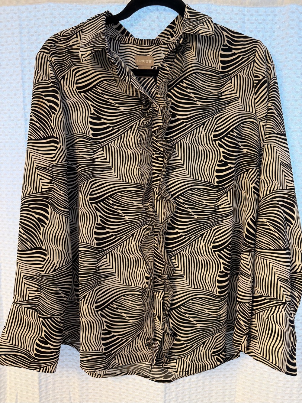 Chico's Black & White Ruffle-Front Printed Blouse